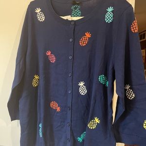 NEW Talbots cardigan sweater size 1X navy with multi colored pineapples